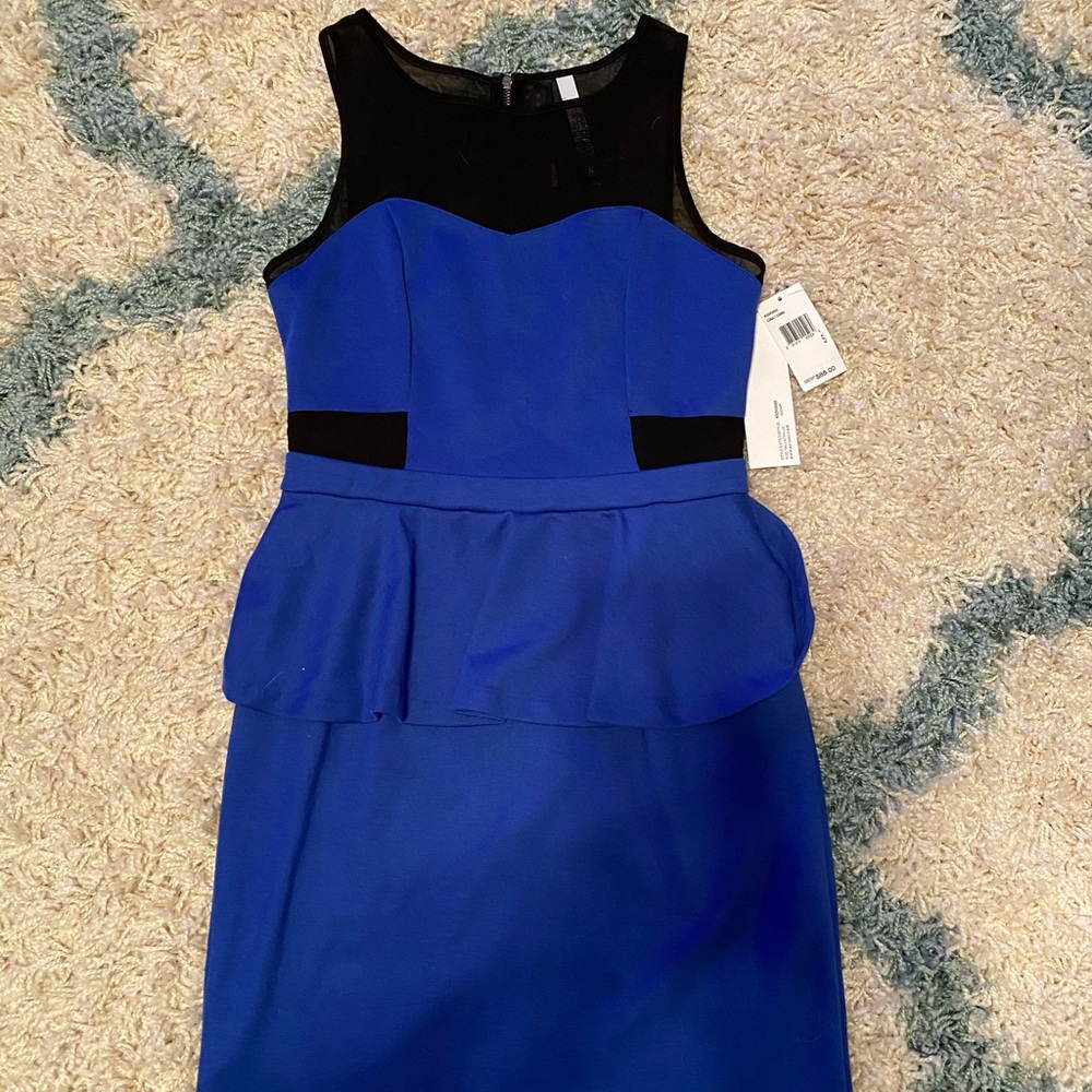 Kensie blue and black peplum and mesh dress